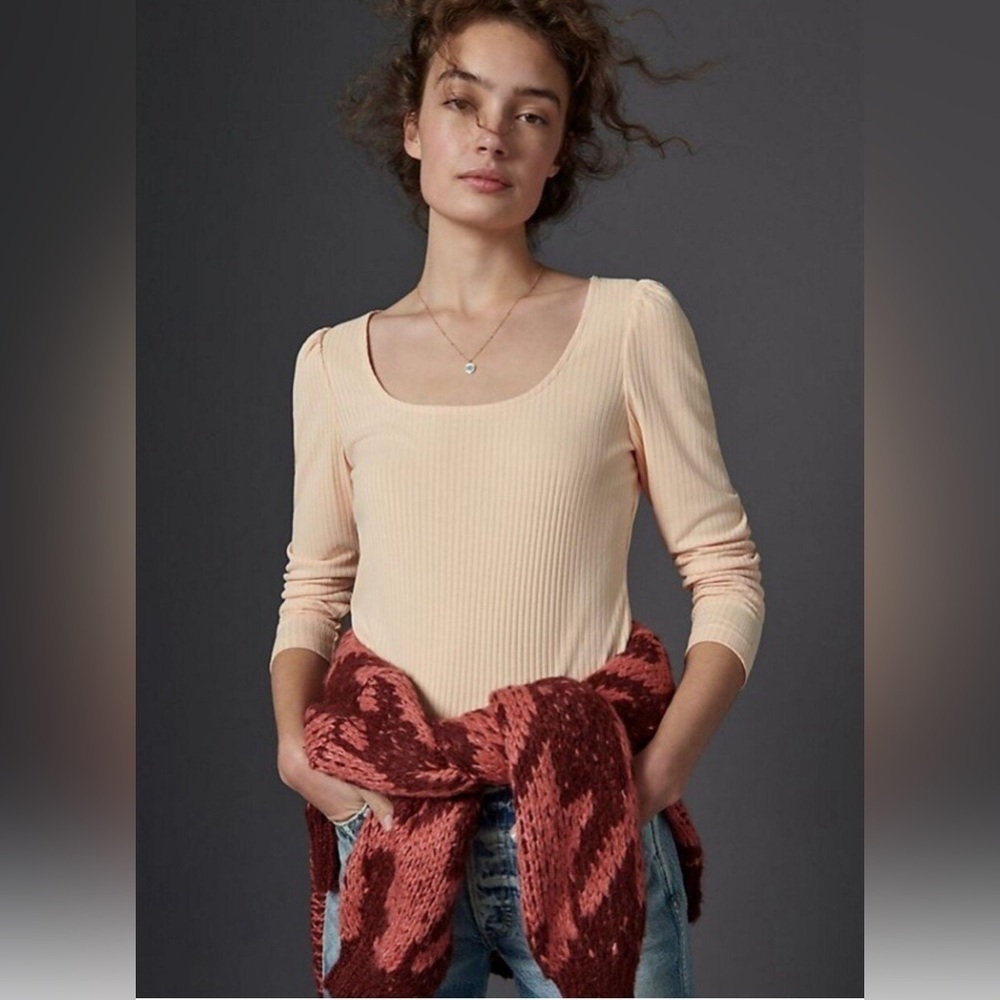 Anthropologie Ribbed Long Sleeve Scoop Neck Top, Size XS